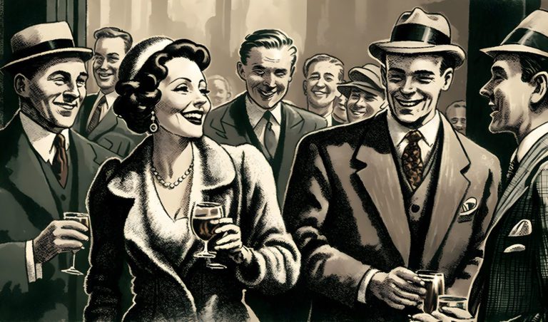 Artist's depiction of what social live must have been like in Chicago speakeasies. Several people in 1930s-style evening wear enjoy cocktails and each other.