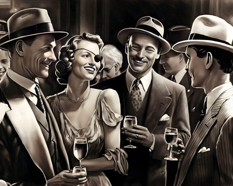 Artist's depiction of a gathering at one of many Prohibition-era Chicago speakeasies.
