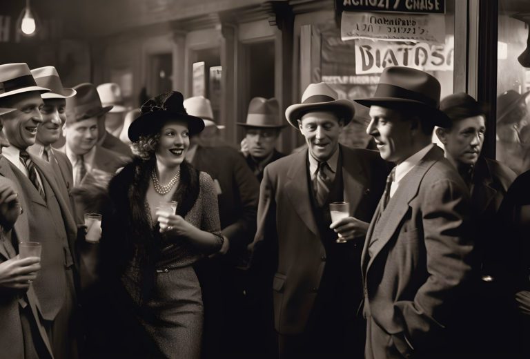 Realistic-looking black and white photo that could have been taken at one of the Chicago speakeasies popular during Prohibition.